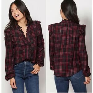 Evereve Charlotte Metallic Plaid Ruffle Trim Button Down Blouse Top Black Small